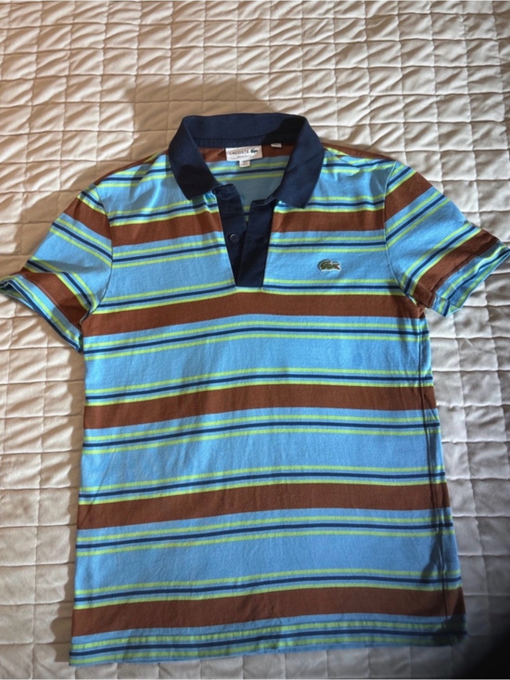 Lacoste Boys' Light Blue, Brown & Lime Striped Polo